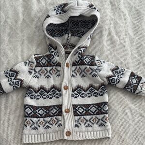 Oshkosh B'gosh Fair Isle hooded knit cardigan geometric pattern wood button 9mo